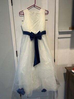 Girls White Tulle Dress with Navy Sash